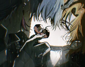 2boys absurdres aoyagi_touya black_gloves blood covered_eyes earrings fangs gloves highres horns jewelry male_focus multicolored_hair multiple_boys natsukusa_(hacho129) open_mouth orange_hair project_sekai rain shinonome_akito tongue yaoi