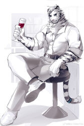 Rule 34 | 1boy, abs, absurdres, animal ears, arknights, bara, blue eyes, cross scar, cup, drink, drinking glass, facial scar, furry, furry male, hashtag-only commentary, highres, holding, holding cup, holding drink, infection monitor (arknights), looking at viewer, male focus, mountain (arknights), multiple scars, muscular, muscular male, open clothes, open shirt, pants, pectorals, red wine, scar, scar across eye, scar on arm, scar on cheek, scar on face, shabi96522, shirt, smile, tail, tiger boy, tiger ears, tiger stripes, tiger tail, weibo logo, weibo watermark, white footwear, white pants, white shirt, wine glass