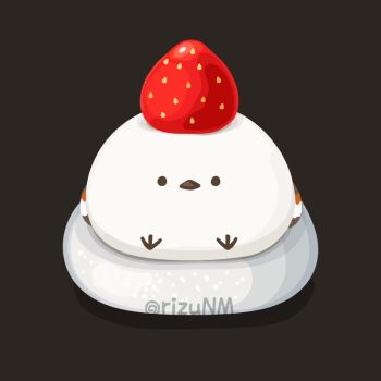 animal animal_focus artist_name bird black_background commentary_request food food_focus food_on_head fruit no_humans object_on_head original rizu_(rizunm) simple_background strawberry