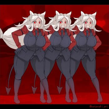 3girls animal_ears animated animated_gif belt black_gloves black_neckwear black_pants black_vest breasts cerberus_(helltaker) clenched_hand demon_girl demon_tail fang gloves hataraki_ari helltaker large_breasts long_hair matching_outfits multiple_girls necktie open_mouth pants red_background red_eyes red_shirt shirt tail vest white_hair wolf_ears