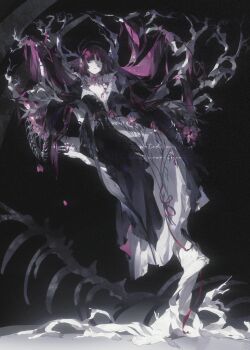 Rule 34 | 1girl, absurdres, bandage on face, bandage over one eye, bandages, bare tree, black background, blood, blood on face, closed eyes, closed mouth, commission, dress, flower, full body, hair ornament, highres, long sleeves, mihuashi commission, one eye covered, original, pink flower, pink hair, shen a fang, skeleton, solo, tree, unconscious, watermark, wispy bangs