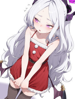 1girl absurdres alternate_costume averting_eyes bare_arms belt black_belt black_thighhighs blue_archive commentary_request demon_horns demon_wings dress halo heoningu highres hina_(blue_archive) horns long_hair looking_to_the_side low_wings open_mouth purple_eyes purple_halo red_dress santa_costume santa_dress sleeveless sleeveless_dress solo thighhighs very_long_hair white_background white_hair wings