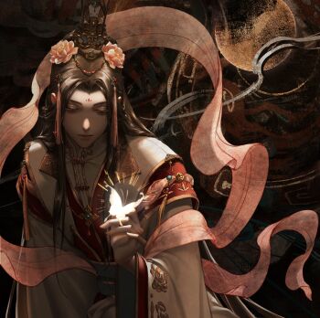 Rule 34 | 1boy, abstract background, absurdres, arm at side, beads, bishounen, brown hair, brown theme, bug, butterfly, butterfly on hand, chiaroscuro, chinese clothes, chinese peony, closed mouth, curtained hair, dark background, earrings, embroidered sleeves, embroidery, facing viewer, flower, gem, glowing, glowing butterfly, gold, gold necklace, gold theme, gold trim, hair beads, hair bun, hair flower, hair ornament, hair over shoulder, hairpin, half-closed eyes, hand up, hanfu, happy, high collar, highres, huadian, insect, jade (gemstone), jewelry, lapels, light rays, light smile, limited palette, long eyelashes, long hair, long sidelocks, looking at animal, looking down, male focus, necklace, notched lapels, parted bangs, pearl (gemstone), pearl earrings, peony (flower), pink flower, pink shawl, pink theme, puffy lips, red gemstone, red hanfu, red theme, shawl, sidelocks, single hair bun, straight hair, tassel, tassel hair ornament, thick eyelashes, tianguan cifu, two-tone hanfu, upper body, very long hair, warm colored, white butterfly, white hanfu, white theme, wide sleeves, xiangyun, xiao guan (headdress), xie lian, xie lian (flower crowned martial god), yuumeenoo0222