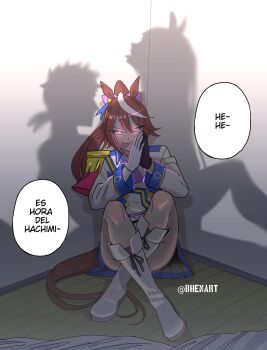 Rule 34 | animal ears, ascot, asymmetrical gloves, bhenart, blue eyes, blush, bow, brown hair, ear bow, ear ornament, ear ribbon, epaulettes, gloves, hair between eyes, high ponytail, highres, horse ears, horse girl, horse tail, long hair, long sleeves, looking at viewer, mismatched gloves, multicolored hair, multiple girls, open mouth, pink ascot, ponytail, shadow, shirt, silence suzuka (umamusume), silhouette, single epaulette, skirt, smile, streaked hair, tail, team spica's trainer, tokai teio (peak joy) (umamusume), tokai teio (umamusume), trainer (umamusume), two-tone hair, umamusume, white hair