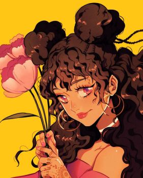 1girl afro_puffs blonde_hair brown_hair choker collarbone commentary curly_hair dark-skinned_female dark_skin double_bun earrings english_commentary face_piercing flower from_side ghada_(wan) hair_behind_ear hair_bun henna highres holding holding_flower hoop_earrings jewelry long_hair looking_at_viewer nail_polish nose_piercing off-shoulder_shirt off_shoulder original peony_(flower) piercing pink_eyes pink_flower pink_nails pink_shirt ring shirt smile solo white_choker