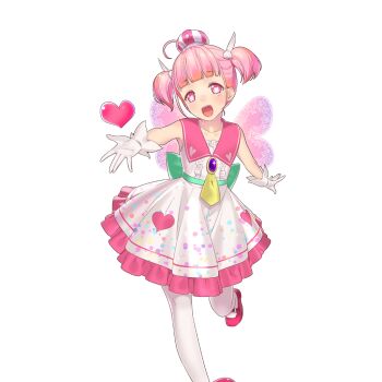 1girl aged_down ama_mitsuki bare_shoulders butterfly_wings dress gloves hat heart heart_in_eye insect_wings mini_hat multicolored_hat necktie pantyhose petit_amour pink_eyes pink_hair pink_hat pink_sailor_collar pink_shoes reaching reaching_towards_viewer sailor_collar shoes short_hair symbol_in_eye twintails uchi_no_hime-sama_ga_ichiban_kawaii white_dress white_gloves white_hat white_pantyhose wings yellow_necktie