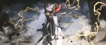 1girl absurdres brown_eyes commentary_request flat_chest girls&#039;_frontline girls&#039;_frontline_2:_exilium grey_hair grey_shirt highres jacket leva_(girls&#039;_frontline_2) looking_to_the_side mechanical_arms navel pleated_skirt ponytail shirt single_mechanical_arm skirt solo standing stomach thigh_strap ump45_(girls&#039;_frontline) unbuttoned unbuttoned_shirt yakupan