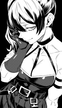 1girl arm_strap belt breasts choker closed_mouth commentary dress gloves greyscale hair_between_eyes hand_on_own_cheek hand_on_own_face highres large_breasts light_smile looking_at_viewer monochrome o-ring o-ring_choker pleated_dress side_ponytail simple_background solo sousou_no_frieren suspenders_hanging symbol-only_commentary ubel_(sousou_no_frieren) websake