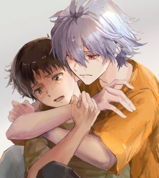 Rule 34 | 2boys, brown eyes, brown hair, closed mouth, commentary, crying, crying with eyes open, english commentary, grey hair, hair between eyes, highres, hug, ikari shinji, male focus, multiple boys, nagisa kaworu, neon genesis evangelion, orange shirt, red eyes, sad, shirt, short hair, simple background, soraaaa53, tears, upper body, white background