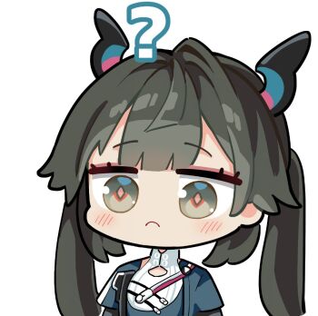 1girl ? arknights arknights:_endfield black_eyes black_hair blue_horns blush chen_qianyu_(arknights) closed_mouth commentary dragon_girl dragon_horns eastern_dragon_horns english_commentary hm_(hmongt) horns jacket long_hair red_pupils simple_background solo twintails white_background