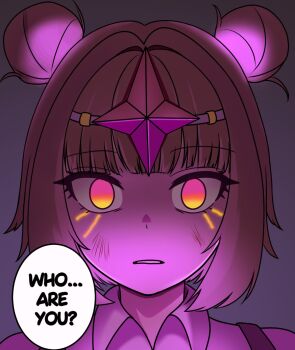 1girl blunt_bangs brown_hair clenched_teeth collared_shirt commentary dodoman0414 double_bun english_commentary english_text gem glowing glowing_eyes gradient_eyes hair_bun hair_flaps hair_intakes highres looking_at_viewer multicolored_eyes no_pupils orange_eyes pink_eyes purple_background purple_gem roblox shirt short_hair sidelocks simple_background solo straight-on suspenders teeth the_umbra_(tower_defense_simulator) tower_defense_simulator underlighting white_shirt yellow_eyes