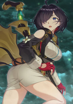 1girl absurdres ahoge ass atelier_(series) atelier_yumia bare_shoulders black_hair black_jacket breasts clothing_cutout cloud cloudy_sky commentary cowboy_shot eyelashes floating_clothes from_behind girugiru_(tektonics6588) gloves hair_intakes hair_over_one_eye highres holding holding_staff jacket large_breasts long_bangs long_sleeves looking_to_the_side mage_staff mole mole_under_eye one_eye_covered open_clothes open_jacket open_mouth outdoors partially_fingerless_gloves pencil_skirt purple_eyes red_gloves shirt short_hair shoulder_cutout skirt sky solo staff thighs twitter_username white_shirt white_skirt wide_sleeves yumia_liessfeldt