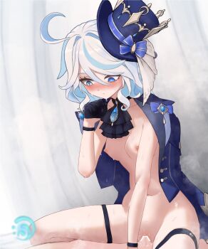 1boy 1girl absurdres ahoge ascot bar_censor black_ascot black_gloves blue_bow blue_coat blue_eyes blue_hair blue_headwear blush bow breasts censored clenched_hand closed_mouth clothed_sex coat coat_on_shoulders commentary cowgirl_position feet_out_of_frame furina_(genshin_impact) genshin_impact girl_on_top gloves green_eyes hair_between_eyes hair_intakes half_gloves hat hat_bow hetero heterochromia highres jewelry light_blue_hair looking_down medium_breasts medium_hair mildt mismatched_pupils multicolored_hair naked_coat navel nipples open_clothes open_coat pendant penis pussy pussy_juice sex solo_focus spread_legs steaming_body straddling sweat thigh_strap tilted_headwear top_hat two-tone_hair vaginal white_hair wristband