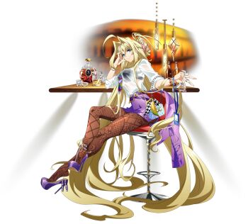 Rule 34 | 1girl, absurdly long hair, absurdly long sidelocks, adankelmo (langrisser), ahoge, alcohol, bag, bar (place), bar stool, beer, belt, black bra, blonde hair, blue eyes, bottle, bra, bra visible through clothes, bracelet, breasts, brown pantyhose, casual, closed mouth, cocktail glass, come hither, counter, crossed legs, cup, drinking glass, elbow carry, elbow on table, full body, game cg, hair between eyes, hair intakes, hair tie, hand rest, handbag, head on hand, high heels, highres, holding, holding cup, huge ahoge, indoors, jacket, jewelry, langrisser, langrisser mobile, liquor, long hair, looking at viewer, medium breasts, miniskirt, multicolored necktie, necktie, official alternate costume, official art, on stool, pantyhose, pencil skirt, ponytail, print pantyhose, pumps, purple jacket, purple shoes, purple skirt, red jacket, ring, second-party source, see-through clothes, see-through shirt, shelf, shirt, shirt tucked in, shoe dangle, shoes, sidelocks, simple background, sitting, skirt, smile, solo, stool, tachi-e, transparent background, two-sided fabric, two-sided jacket, underwear, unworn jacket, very long hair, white shirt, wine, wine bottle
