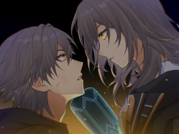 1boy 1girl caelus_(honkai:_star_rail) commentary_request dual_persona eye_contact from_side grey_hair hair_between_eyes honkai:_star_rail honkai_(series) looking_at_another looking_to_the_side medium_hair rune_(rne_at) shirt short_hair stelle_(honkai:_star_rail) trailblazer_(honkai:_star_rail) white_shirt yellow_eyes