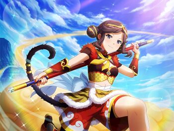 1girl blue_sky brown_hair closed_mouth contrail cosplay day double_bun fake_tail flying_nimbus game_cg hair_bun headpiece holding holding_staff journey_to_the_west kneeling looking_at_viewer monkey_tail official_art purple_eyes red_nails red_shorts shorts shoujo_kageki_revue_starlight shoujo_kageki_revue_starlight_-re_live- sidelocks sky solo staff sun_wukong sun_wukong_(cosplay) tail tendou_maya two-handed