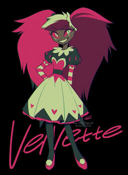 1girl :d absurdres arms_behind_back belt big_hair black_background black_belt black_hair black_pantyhose black_shirt breasts character_name chromatic_aberration colored_sclera commentary_request dark-skinned_female dark_skin dress eyeshadow film_grain frilled_shirt frills full_body grin hair_ornament halftone hazbin_hotel heart heart_print hellaverse highres layered_sleeves legs_apart long_hair long_sleeves looking_at_viewer makeup medium_dress menma_(enaic31) multicolored_hair open_mouth pantyhose petticoat pink_shoes pink_sleeves pom_pom_(clothes) pom_pom_footwear prototype_design puff_and_slash_sleeves puffy_short_sleeves puffy_sleeves red_eyeshadow red_hair red_sclera scar_across_eyes shirt shoes short_over_long_sleeves short_sleeves signature simple_background skinny small_breasts smile solo standing strapless strapless_dress streaked_hair twintails twitter_username two-tone_sleeves velvette_(hazbin_hotel) very_dark_skin very_long_hair watermark white_dress white_eyes white_hair white_sleeves