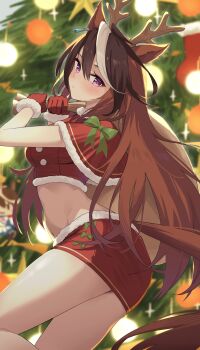 1girl animal_ears antlers blush bow breasts brown_hair capelet christmas christmas_tree closed_mouth commentary_request cropped_shirt deer_ears earrings fur-trimmed_capelet fur_trim gloves green_bow hair_between_eyes highres holding holding_sack horns horse_ears horse_girl horse_tail jewelry long_hair looking_at_viewer medium_breasts midriff multicolored_hair profnote purple_eyes red_capelet red_gloves red_shirt red_shorts reindeer_antlers sack santa_costume shirt shorts single_earring skirt streaked_hair symboli_rudolf_(umamusume) tail umamusume white_hair