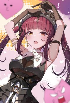 1girl armpits arms_up black_coif black_dress black_gloves blunt_bangs breasts cleavage_cutout clothing_cutout commentary_request dress earrings elbow_gloves frilled_dress frills gloves heterochromia highres hololive houshou_marine houshou_marine_(ahoy!!_you&#039;re_all_pirates) jewelry large_breasts leotard long_hair looking_at_viewer official_alternate_costume official_alternate_hairstyle open_mouth red_eyes red_hair see-through_clothes see-through_leotard sleeveless sleeveless_dress solo teeth toya_echoblaze twintails upper_teeth_only virtual_youtuber yellow_eyes