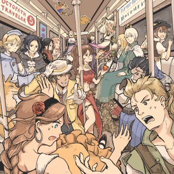 6+boys 6+girls absurdres agnea_bristarni alfyn_greengrass bird black_hair black_hairband black_pants blonde_hair blue_eyes book braid brown_eyes brown_hair castti_florenz character_request closed_eyes commentary_request cyrus_albright dark-skinned_female dark_skin dress earrings everyone flower flower_hairband food fox fruit fur_shawl gloves gold_earrings green_eyes grey_streaks h'aanit_(octopath_traveler) hair_bun hair_over_one_eye hairband hand_on_headwear hat highres hikari_ku holding holding_book holding_food holding_fruit hoop_earrings in-franchise_crossover jewelry linde_(octopath_traveler) long_hair looking_at_viewer multiple_boys multiple_girls navel nurse_cap ochette_(octopath_traveler) octopath_traveler octopath_traveler_i octopath_traveler_ii olberic_eisenberg open_mouth ophilia_clement orange_hair osvald_v._vanstein owl pants partitio_yellowil pelvic_curtain pointing pointing_at_viewer ponytail primrose_azelhart reading red_flower red_rose rose sandals scar scar_on_face scar_on_forehead shawl shirt silver_earrings single_bang single_braid sitting snow_leopard sokiriena temenos_mistral therion_(octopath_traveler) throne_anguis train_interior tressa_(octopath_traveler) tressa_colzione white_dress white_gloves white_hair white_shirt