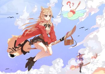 3girls absurdres animal_ears bag blonde_hair bow bowtie broom broom_riding cat_ears coat feathermare flying hat highres long_hair multiple_girls original pink_hair pleated_skirt potion shirt skirt sky thighhighs very_long_hair white_thighhighs witch witch_hat zettai_ryouiki