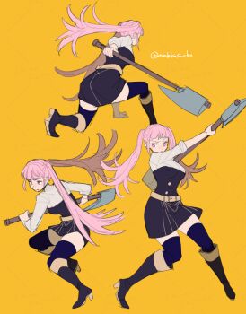 1girl arm_support artist_name attack axe battle_axe belt black_dress black_thighhighs boots breasts do_m_kaeru dress female_focus fighting_stance fire_emblem fire_emblem:_three_houses garreg_mach_monastery_uniform high_heel_boots high_heels hilda_valentine_goneril holding holding_axe long_hair looking_at_viewer matching_hair/eyes medium_breasts multiple_views nintendo orange_background pink_eyes pink_hair simple_background thighhighs thighs twintails weapon yellow_background