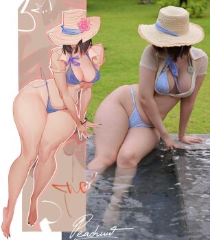 1girl 2025 arm_support artist_name asian bikini bikini_under_clothes black_nails blue_bikini blurry blurry_background breasts brown_hair brown_shirt cleavage commentary comparison covered_face cropped_shirt curvy day depth_of_field english_commentary fingernails full_body hat highres inputwo long_fingernails looking_to_the_side medium_breasts original outdoors partially_submerged peachuu244 photo_(medium) pool real_life reference_photo shirt short_hair straw_hat swimsuit thick_thighs thighs water wide_hips