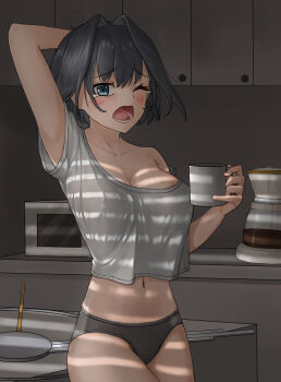 1girl arm_behind_head arm_up black_hair black_panties blush breasts cleavage coffee coffee_maker coffee_mug coffee_pot collarbone crop_top cup hair_intakes highres holding holding_cup hololive hololive_english indoors kitchen large_breasts looking_at_viewer messy_hair microwave midriff modagitbi mug navel no_bra no_pants open_mouth ouro_kronii panties shade shirt short_hair short_sleeves single_bare_shoulder sleepy solo strap_slip t-shirt tears teeth underwear virtual_youtuber waking_up white_shirt yawning