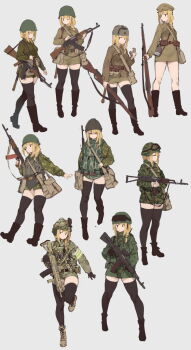 ak-47 ak-74 ak-74m akm aks-74 ammunition_pouch armband assault_rifle averting_eyes blonde_hair bolt_action boots braid bread camouflage combat_helmet eating evolution fangdan_runiu fast_helmet food fur_hat gun gun_sling hat helmet highres holding holding_gun holding_weapon imperial_russian_army jacket kalashnikov_rifle lace-up_boots military military_combat_uniform military_fatigues military_hat military_uniform mosin-nagant original padded_jacket pouch red_star rifle russian_ground_forces russian_text simple_background single_braid soldier soviet_army star_(symbol) telogreika thighhighs thighs ushanka weapon weapon_on_back white_armband yellow_armband