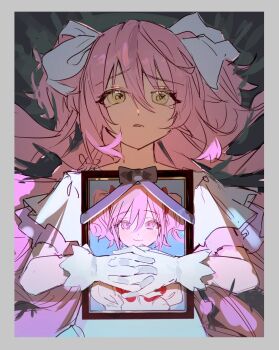 Rule 34 | 2girls, bow, closed mouth, dress, gloves, hair bow, highres, holding, holding own hair, iei, interlocked fingers, kaname madoka, long hair, looking at viewer, mahou shoujo madoka magica, mitakihara school uniform, multiple girls, open mouth, pink eyes, pink hair, purple ribbon, rainyy, ribbon, school uniform, smile, ultimate madoka, upper body, white bow, white dress, white gloves, yellow eyes