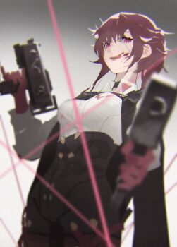 Rule 34 | 1girl, absurdres, ailiailiai 7th, aiming, aiming at viewer, black choker, black jacket, blood, blood on clothes, blood on face, blurry, blurry foreground, breasts, chest harness, choker, commentary request, cowboy shot, depth of field, dual wielding, eyelashes, gloves, gradient background, gun, hair between eyes, harness, high-waist shorts, highres, holding, honkai: star rail, honkai (series), jacket, kafka (honkai: star rail), large breasts, licking, licking blood, lips, long hair, long sleeves, looking at viewer, open mouth, pantyhose, pantyhose under shorts, purple eyes, purple gloves, purple hair, shirt, shorts, solo, string, submachine gun, teeth, tongue, uzi, weapon, white shirt