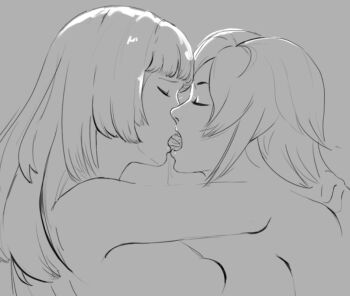2girls closed_eyes emilie_de_rochefort french_kiss interracial kazama_asuka kiss long_hair multiple_girls saliva short_hair sketch straight_hair sunbeam_(artist) tekken tongue yuri