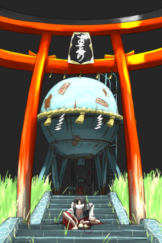 1girl barefoot black_hair black_sky breasts garapii gourd grass grin highres hunched_over japanese_clothes ladder long_hair looking_at_viewer miko original parted_bangs plunging_neckline red_skirt rope shimenawa shrine sitting skirt sky small_breasts smile solo stairs torii valve water_tank
