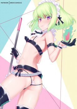1boy androgynous arched_back ass ass_cutout belt black_ribbon black_thighhighs blush butt_crack clothing_cutout collar commentary cowboy_shot crossdressing crossdressing_(mtf) detached_collar english_commentary fire frilled_collar frills gloves green_hair hair_ribbon half_gloves hand_up highres holding lio_fotia looking_back maid maid_headdress male_focus male_maid medium_hair meimone nipples patreon_username pout promare purple_eyes purple_fire pyrokinesis ribbon shiny_skin sidelocks solo thighhighs thighs trap