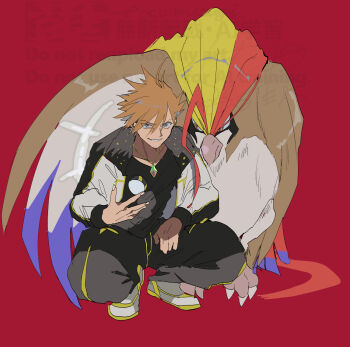 1boy beak bird black_jacket black_pants black_shirt blue_oak blue_oak_(arc_suit) brown_eyes brown_hair fur_trim gem gen_1_pokemon green_gemstone grin highres jacket jewelry looking_at_viewer mega_pidgeot mega_pokemon necklace nintendo official_alternate_costume open_clothes open_jacket pants parted_lips pidgeot pokemon pokemon_(creature) pokemon_masters_ex red_background red_eyes sekai_ha_sekai shirt short_hair simple_background smile spiked_hair squatting white_jacket wings