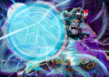 absurdres bandana bara bear beard big_nose black_hair chest_hair crazy_laugh evil_smile facial_hair fat fat_man full_moon hat highres jewelry laughing male_focus marshall_d._teach moon non-web_source one_piece pirate pirate_hat smile