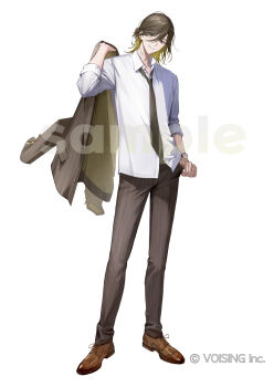 Rule 34 | >:), black necktie, blonde hair, brown hair, brown jacket, brown pants, brown shoes, closed mouth, collared shirt, colored inner hair, copyright notice, cross-laced shoes, dress shoes, full body, hair between eyes, half updo, hand in pocket, highres, holding, holding jacket, holding unworn clothes, ireisu, jacket, jacket over shoulder, long hair between eyes, looking at viewer, male focus, medium hair, multicolored hair, necktie, official art, pants, pinstripe jacket, pinstripe pants, pinstripe pattern, sample watermark, shirt, shoes, simple background, sjamki, sleeves rolled up, smile, solo, standing, suit jacket, untucked shirt, unworn jacket, utaite, v-shaped eyebrows, watch, watermark, white background, white shirt, wristwatch, yellow eyes, yusuke (ireisu)
