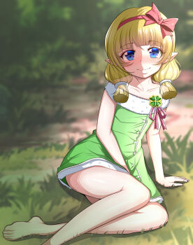 Rule 34 | 1girl, absurdres, barefoot, blonde hair, blush, come hither, doriane dojin, dress, fam valhoef, green dress, hair tie, hairband, highres, iris mysteria!, looking at viewer, low twintails, meadow, nose blush, off-shoulder dress, off shoulder, official alternate costume, pointy ears, red hairband, red ribbon, ribbon, ribbon-trimmed hairband, sitting, smile, thighs, twintails
