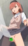 1boy 1girl akinoya animated badge blush bouncing_breasts breasts brown_eyes brown_hair button_badge censored clothed_sex clothes_lift clothing_aside frog gekota head-mounted_display hetero lifting_own_clothes misaka_imouto open_mouth panties panties_aside penis pleated_skirt pussy school_uniform sex short_hair skirt skirt_lift standing standing_missionary standing_sex striped_clothes striped_panties sweater_vest toaru_kagaku_no_railgun toaru_majutsu_no_index tokiwadai_school_uniform ugoira underwear vaginal video