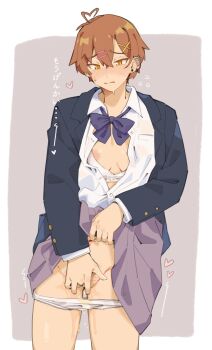 1girl absurdres ahoge aroused barbell_piercing blazer blue_jacket blush border bow bowtie bra bra_pull breast_pocket breasts clothes_lift clothes_pull collared_shirt commentary cowboy_shot crossed_bangs dress_shirt dripping ear_piercing earrings embarrassed expressive_hair female_masturbation female_pubic_hair fingering flying_sweatdrops fukana_miyu_(kokuya28) grey_background grey_skirt hair_between_eyes hair_ornament hairclip heart heart_ahoge highres industrial_piercing jacket jewelry kokuya_(kokuya28) lifting_own_clothes long_sleeves loose_bowtie masturbation medium_breasts multiple_earrings navel nervous nervous_sweating nipple_slip nipples nose_blush open_clothes open_shirt original outside_border panties panty_pull parallel_hairclips parted_lips partially_unbuttoned piercing pocket pubic_hair purple_bow purple_bowtie pussy pussy_juice raised_eyebrows school_uniform shirt short_hair simple_background skirt skirt_lift solo standing stud_earrings sweat tomboy translated underwear very_short_hair wet wet_clothes wet_panties white_border white_bra white_panties white_shirt x_hair_ornament