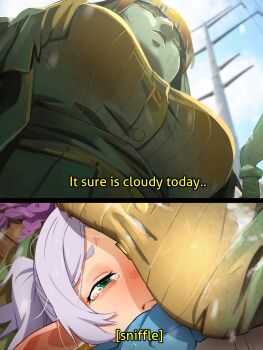 1girl 2koma absurdres backlighting bench blunt_bangs blush breasts closed_mouth comic crying crying_with_eyes_open dress english_text fern_(sousou_no_frieren) frieren future green_eyes highres khyle. large_breasts long_hair lying on_back outdoors park_bench ribbed_dress solo sousou_no_frieren statue straight_hair tears time_skip twintails