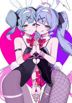 2girls absurdres ahoge animal_ears aqua_hair armband asymmetrical_docking bare_shoulders black_leotard black_pantyhose blue_eyes blue_hair blunt_bangs blush borrowed_design bound bound_wrists bow bowtie breast_press clone clothing_cutout commentary_request cowboy_shot cuffs detached_collar double-parted_bangs dual_persona facial_mark fake_animal_ears fake_tail fishnet_pantyhose fishnets flat_chest furrowed_brow grin hair_ornament hairband handcuffs hatsune_miku heart heart_ahoge heart_background heart_hairband highres holding_hands leotard long_hair looking_at_viewer medium_hair miku_day multiple_girls omutatsu one_eye_closed pantyhose pink_pupils playboy_bunny rabbit_ears rabbit_hair_ornament rabbit_hole_(vocaloid) rabbit_tail red_bow red_bowtie red_ribbon ribbon shared_handcuffs side-by-side smile squinting stomach_cutout tail teardrop_facial_mark tongue tongue_out twintails vocaloid wrist_ribbon x_hair_ornament x_x