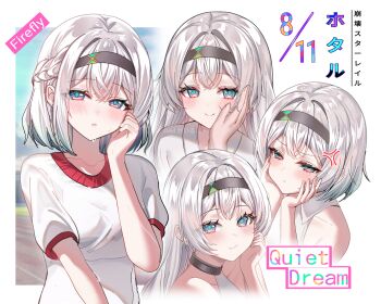 1girl absurdres alternate_costume black_hairband blush collarbone devl_ga_aru firefly_(honkai:_star_rail) gradient_hair green_hair grey_hair hair_between_eyes hair_ornament hairband hand_on_another&#039;s_cheek hand_on_another&#039;s_face hands_on_own_cheeks hands_on_own_face highres honkai:_star_rail honkai_(series) looking_at_viewer multicolored_hair pink_eyes shirt sleeveless sleeveless_shirt smile sweat