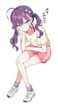 1girl absurdres ahoge bags_under_eyes bare_arms bare_legs blue_eyes blush braid breasts butterfly_hair_ornament chiune_(yachi) closed_mouth collarbone commentary_request crossed_legs ear_piercing full_body gakuen_idolmaster grey_socks hair_between_eyes hair_ornament halterneck hand_on_own_cheek hand_on_own_face head_rest heart highres hunched_over idolmaster kaya_rinha long_hair looking_at_viewer piercing pink_shorts purple_hair shirt shirt_tucked_in shoes short_sleeves shorts simple_background sitting small_breasts smile sneakers socks solo t-shirt translation_request twintails white_background yellow_shirt yellow_shoes