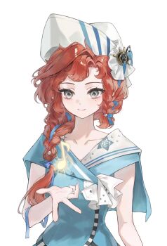 Rule 34 | 1girl, artist request, barcarola (reverse:1999), blue shirt, braid, braided sidelock, closed mouth, commission, dixie cup hat, eighth note, grey eyes, hair over shoulder, hand up, hat, highres, long hair, looking at hand, looking down, military hat, mole, mole under eye, musical note, red hair, reverse:1999, sailor collar, second-party source, shirt, smile, solo, twin braids, upper body, white hat