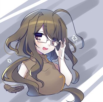 1girl ahoge animal breasts brown_eyes brown_hair flower glasses kujou_mikuru large_breasts long_hair looking_at_viewer open_mouth original salamander simple_background sleeveless smile solo upper_body very_long_hair