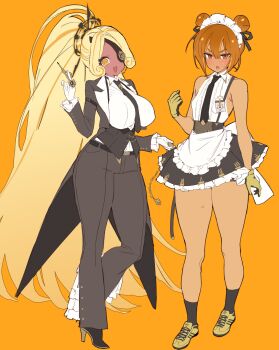 2girls :d :o @_@ absurdly_long_hair alternate_costume ankle_boots ankle_socks apron armpit_crease bare_arms bare_legs bare_shoulders belt between_breasts black_belt black_boots black_coat black_gloves black_necktie black_ribbon black_skirt black_socks black_vest blonde_hair blush boots breasts brown_eyes brown_hair buttons center_frills coat collared_shirt colored_shoe_soles cookie_run cookie_run:_ovenbreak croissant_cookie curly_sidelocks dark-skinned_female dark_skin dot_nose double-breasted double-parted_bangs double_bun dual_persona enmaided eyepatch food-themed_hair frilled_apron frilled_sleeves frills full_body gloves hair_between_eyes hair_bun hair_intakes hair_ornament hand_up headdress high-waist_skirt high_heel_boots high_heels high_ponytail highres holding humanization index_finger_raised knees_apart_feet_together lapels large_breasts long_hair long_sleeves lower_teeth_only maid maid_apron maid_headdress miniskirt multicolored_hair multiple_girls necktie necktie_between_breasts notched_lapels ohta_guk_hip one_eye_covered open_clothes open_coat open_mouth orange_eyes orange_hair parted_bangs petticoat pleated_skirt ponytail ribbon shirt shirt_tucked_in shoelaces shoes short_hair skirt sleeveless sleeveless_shirt small_breasts smile sneakers socks standing streaked_hair suspender_skirt suspenders sweat tareme teeth thick_thighs thighs timekeeper_cookie tsurime two-tone_gloves two-tone_hair v-shaped_eyebrows very_long_hair vest waist_apron white_apron white_headdress white_shirt wide_hips yellow_gloves yellow_shoes