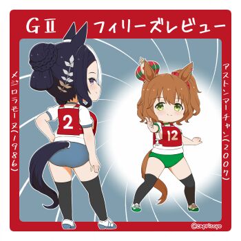 2girls animal_ears aston_machan_(umamusume) black_hair black_thighhighs blush braid brown_hair buruma capriccyo chibi closed_mouth commentary_request crown green_buruma green_eyes grey_buruma hair_bun highres horse_ears horse_girl horse_tail mejiro_ramonu_(umamusume) mini_crown mole mole_under_eye multiple_girls one_side_up original_race_uniform_(umamusume) pointing profile purple_eyes shoes smile standing tail thighhighs tilted_headwear translation_request twitter_username umamusume white_shoes