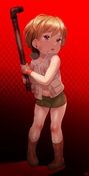 Rule 34 | 1girl, aged down, blonde hair, blush, boots, born-to-die, brown boots, brown eyes, collarbone, green skirt, grey vest, heather mason, highres, holding, industrial pipe, konami, navel, open mouth, red background, short hair, silent hill (series), silent hill 3, skirt, standing, vest, wristband