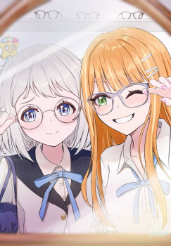Rule 34 | 2girls, adjusting eyewear, bag, bespectacled, blue eyes, blue ribbon, blush, closed mouth, collared shirt, commentary request, gakuen idolmaster, glasses, green eyes, grey hair, grin, hand on eyewear, hatsuboshi gakuen school uniform, highres, idolmaster, katsuragi lilja, lensless glasses, long hair, looking at viewer, mirror, mole, mole under eye, multiple girls, neck ribbon, one eye closed, orange hair, reflection, reflection focus, ribbon, school bag, school uniform, shirt, shiun sumika, short hair, signature, smile, upper body, white shirt, yokiya841
